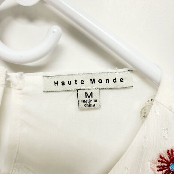 White Peasant Blouse With Floral Embroidery & 3/4 Sleeves By Haute Monde Size M - Picture 3 of 12